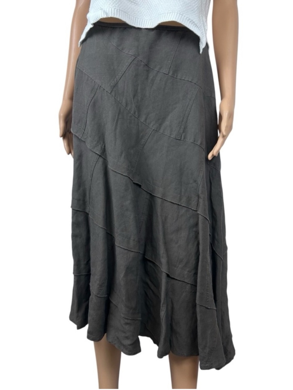 Sandro Sportswear Midi Skirt Linen Blend A-Line Patchwork Seamed Brown Size 14